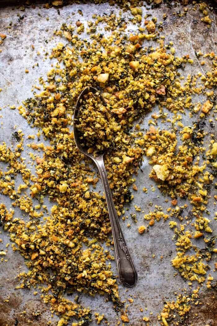 prep photo of Garlic Basil Breadcrumbs on baking sheet