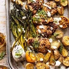 Sheet Pan Lemon Rosemary Dijon Chicken and Potatoes with Feta Goddess Sauce | halfbakedharvest.com