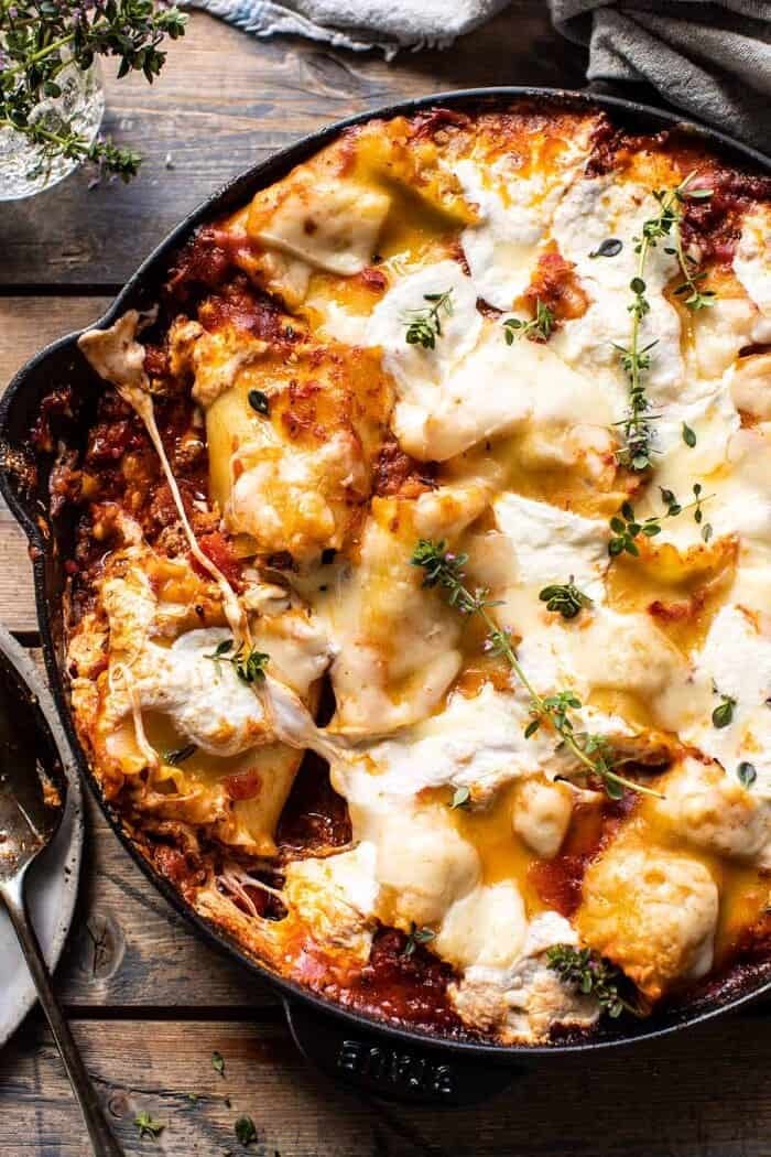 Simple Skillet Pesto Cheese Lasagna Roll Ups | halfbakedharvest.com