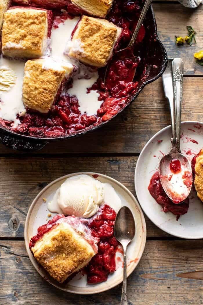 Skillet Strawberry Bourbon Cobbler with Layered Cream Cheese Biscuits | halfbakedharvest.com