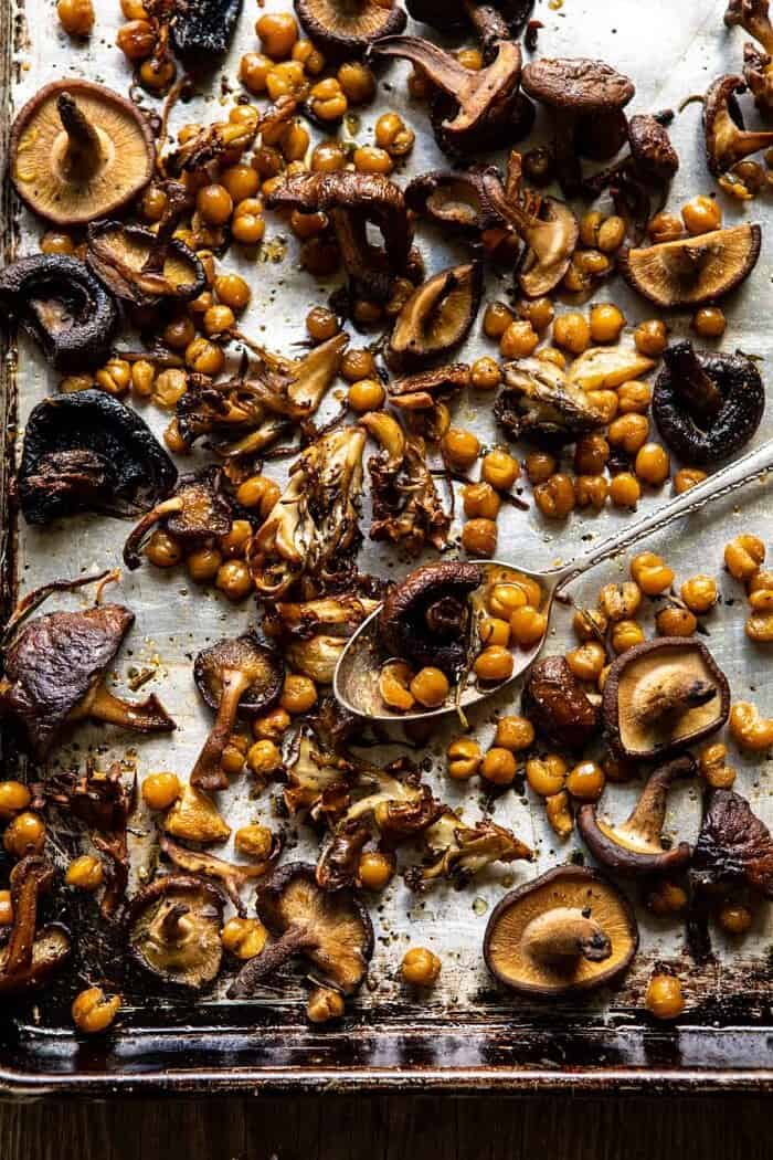 prep photo of Slow Roasted Mushrooms and Crisp Rosemary Chickpeas on baking sheet