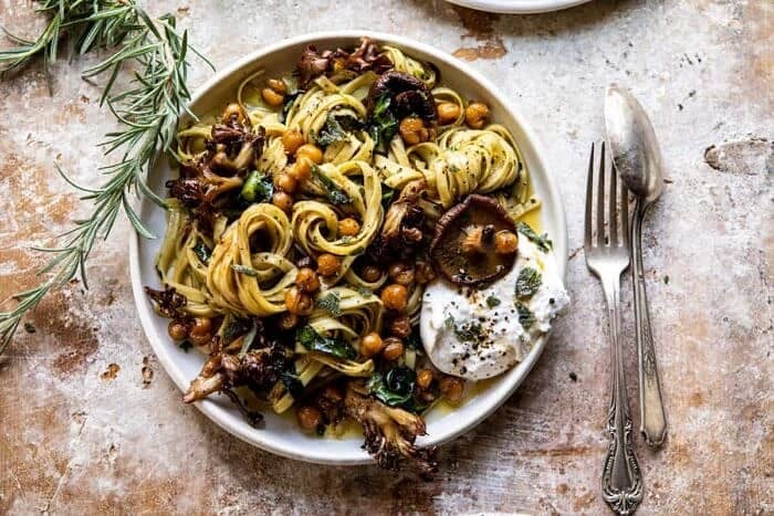 overhead horizontal photo of Slow Roasted Mushroom Pasta with Crisp Rosemary Chickpeas