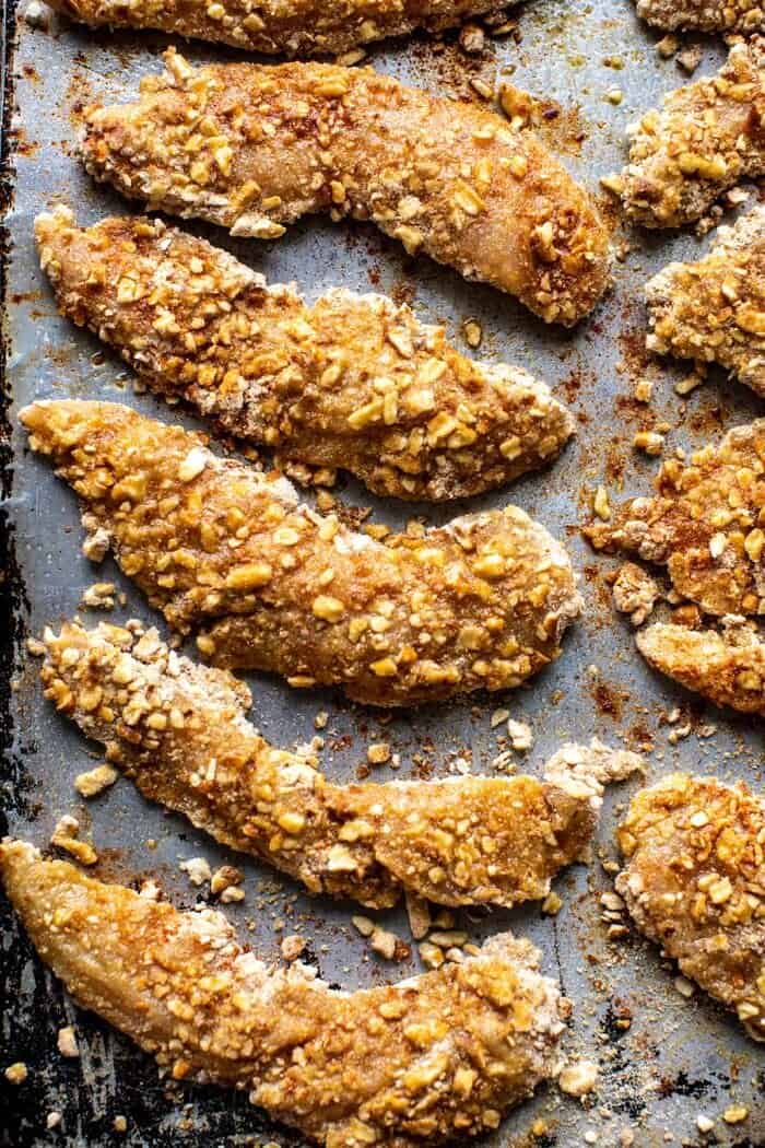 Spicy Honey Mustard Pretzel Chicken Fingers | halfbakedharvest.com overhead prep photo of Spicy Honey Mustard Pretzel Chicken Fingers before baking