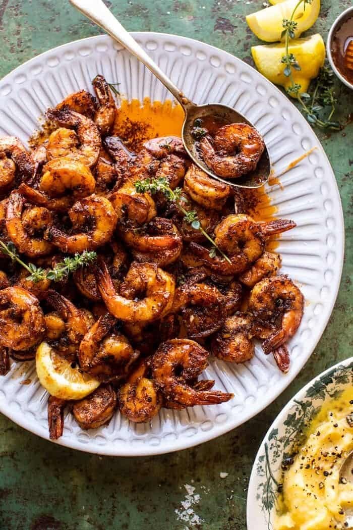 overhead photo of 15 Minute Cajun Hot Honey Butter Shrimp on serving plate