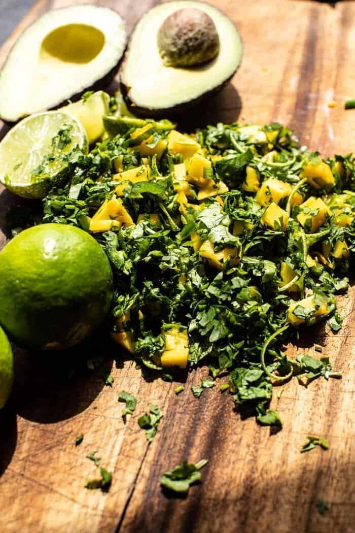 prep photo of mango salsa on cutting board 