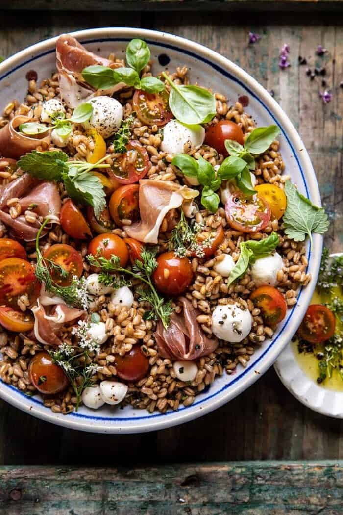 Caprese Prosciutto Farro Salad | halfbakedharvest.com overhead close up photo of Caprese Prosciutto Farro Salad