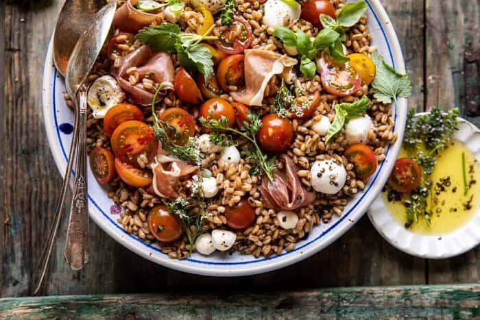 Caprese Prosciutto Farro Salad | halfbakedharvest.com overhead horizontal photo of Caprese Prosciutto Farro Salad
