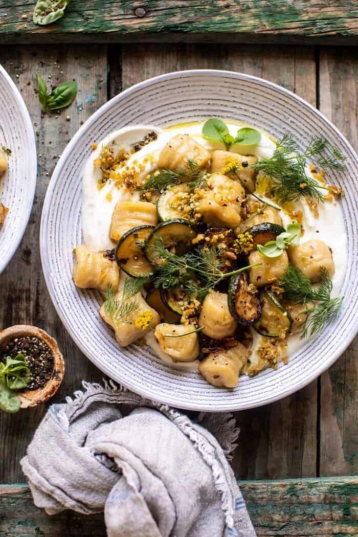 overhead photo of Cauliflower Gnocchi with Crispy Zucchini and Whipped Goat Cheese