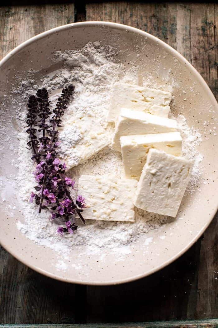 overhead prep photo of Feta cheese before frying