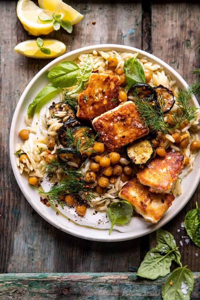 Crispy Lemon Feta with Spiced Chickpeas and Basil Orzo | halfbakedharvest.com