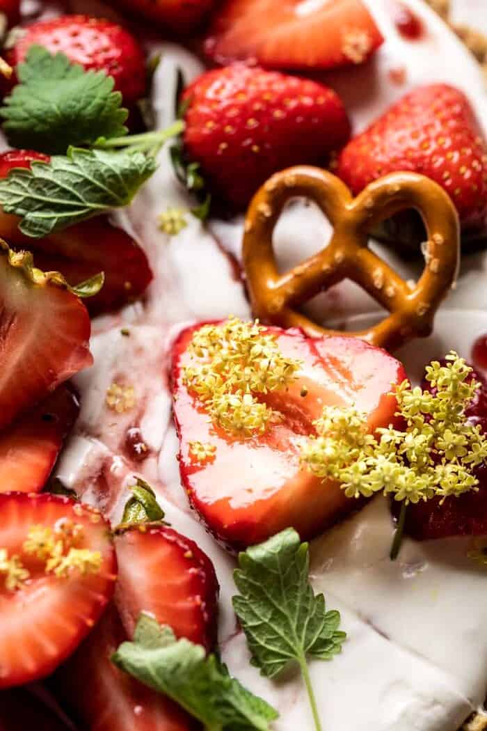 Double Strawberry Pretzel Pie | halfbakedharvest.com overhead close up photo of Double Strawberry Pretzel Pie