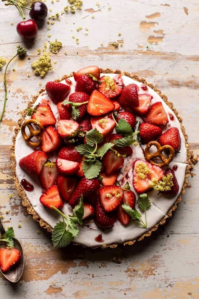 Double Strawberry Pretzel Pie | halfbakedharvest.com overhead photo of Double Strawberry Pretzel Pie
