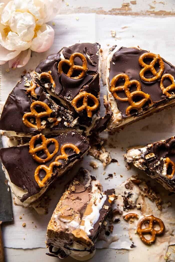 overhead photo of Fudgy Chocolate Peanut Butter Ice Cream Pretzel Cake