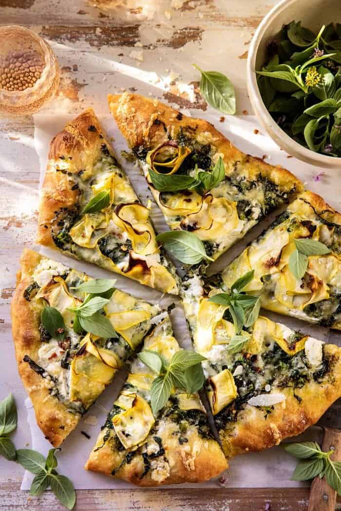 Garden Greens Goddess Pizza | halfbakedharvest.com overhead photo of Garden Greens Goddess Pizza