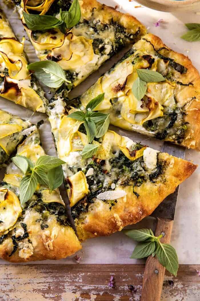 Garden Greens Goddess Pizza | halfbakedharvest.com overhead close up photo of Garden Greens Goddess Pizza