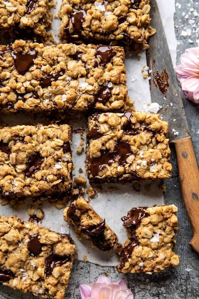 overhead photo of Healthier Dark Chocolate Chunk Oatmeal Cookie Bars