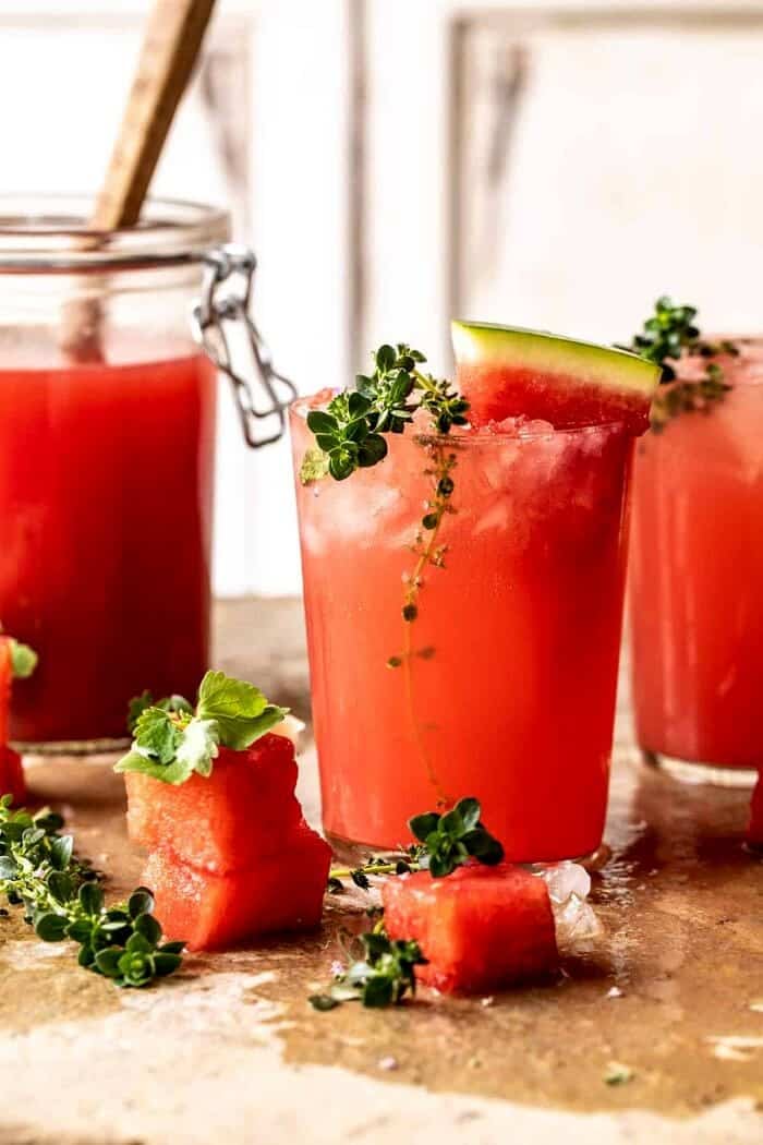 Lemon-Thyme Vodka Watermelon Lemonade | halfbakedharvest.com side angled photo of Lemon-Thyme Vodka Watermelon Lemonade