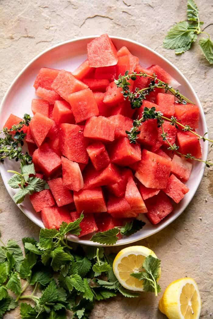 Lemon-Thyme Vodka Watermelon Lemonade | halfbakedharvest.com overhead prep photo of Watermelon
