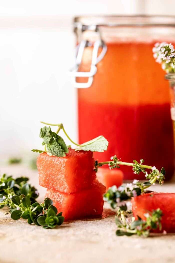 Lemon-Thyme Vodka Watermelon Lemonade | halfbakedharvest.com photo of watermelon cubes
