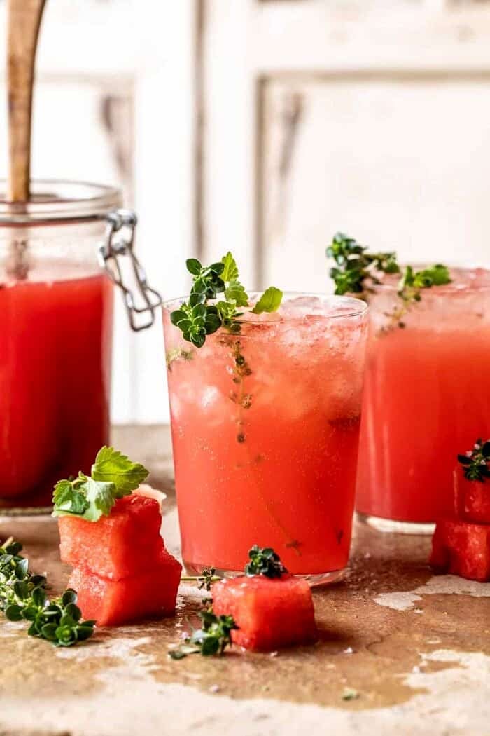 Lemon-Thyme Vodka Watermelon Lemonade | halfbakedharvest.com side angled photo of Lemon-Thyme Vodka Watermelon Lemonade