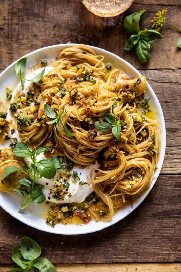 overhead photo of 20 Minute Lemon Butter Pasta with Ricotta and Spicy Breadcrumbs