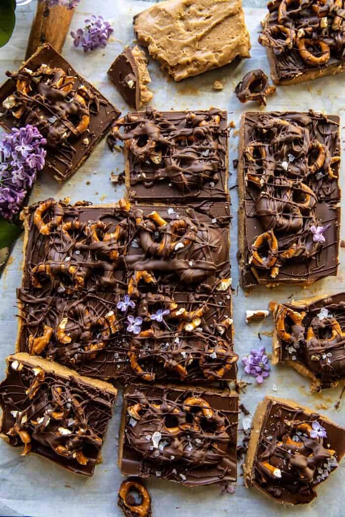 Buckeye Crunch Bars | halfbakedharvest.com overhead photo of Buckeye Crunch Bars