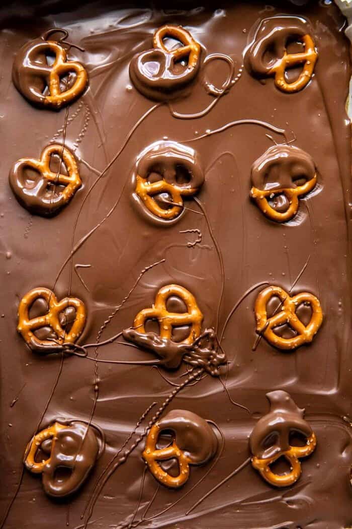 Buckeye Crunch Bars | halfbakedharvest.com overhead prep photo of Buckeye Crunch Bars before chilling