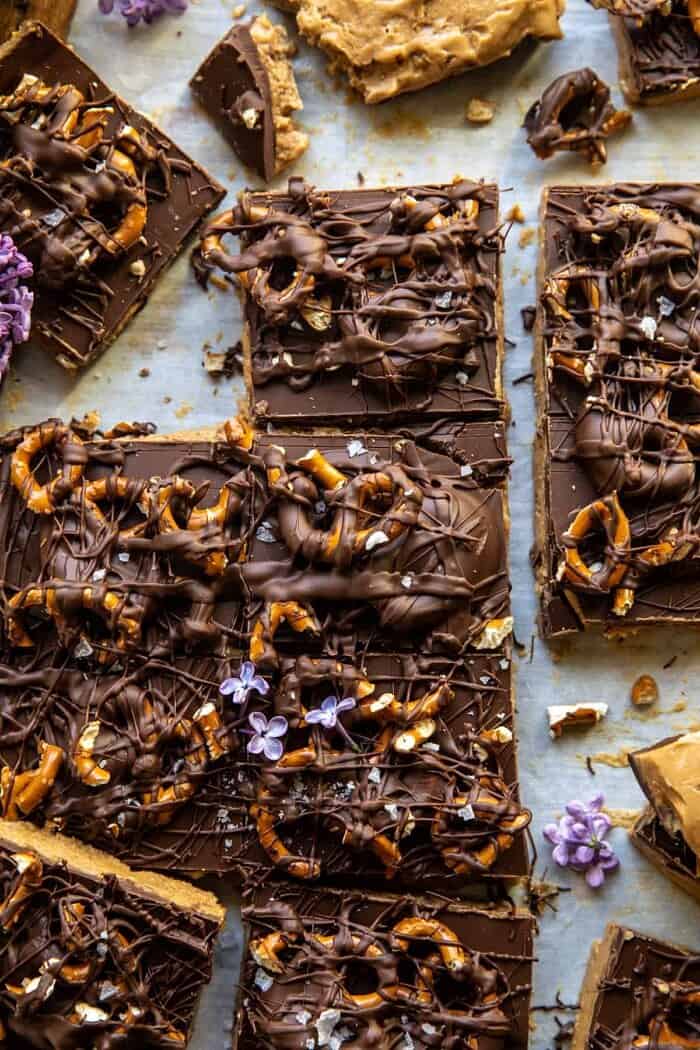 Buckeye Crunch Bars | halfbakedharvest.com overhead close up photo of Buckeye Crunch Bars