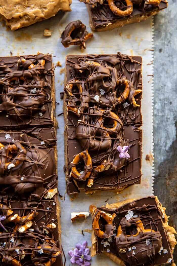 Buckeye Crunch Bars | halfbakedharvest.com overhead close up photo of Buckeye Crunch Bars