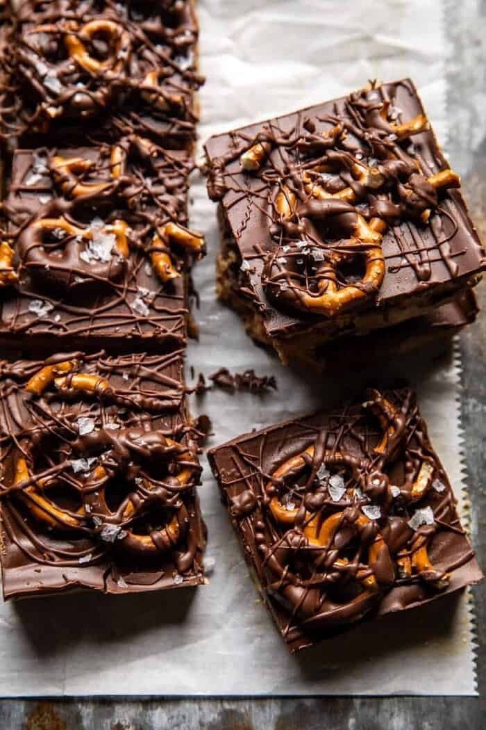 Buckeye Crunch Bars | halfbakedharvest.com close up side photo of Buckeye Crunch Bars