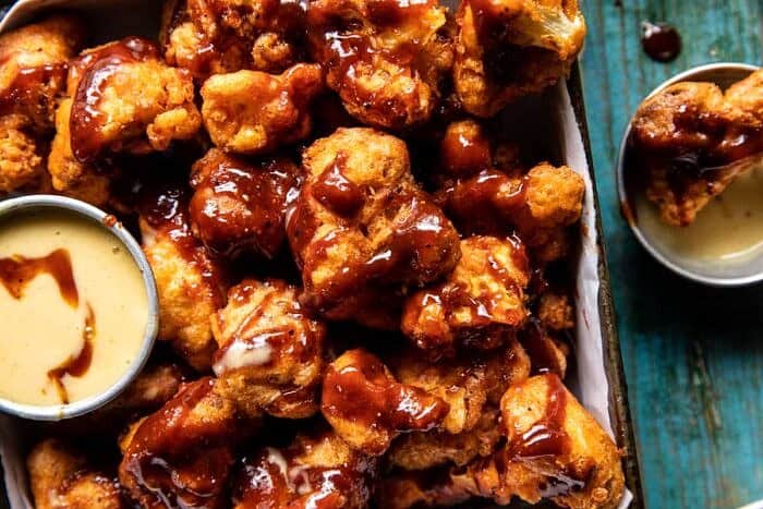 Crispy BBQ Beer Battered Cauliflower Nuggets | halfbakedharvest.com overhead photo of Crispy BBQ Beer Battered Cauliflower Nuggets | halfbakedharvest.com