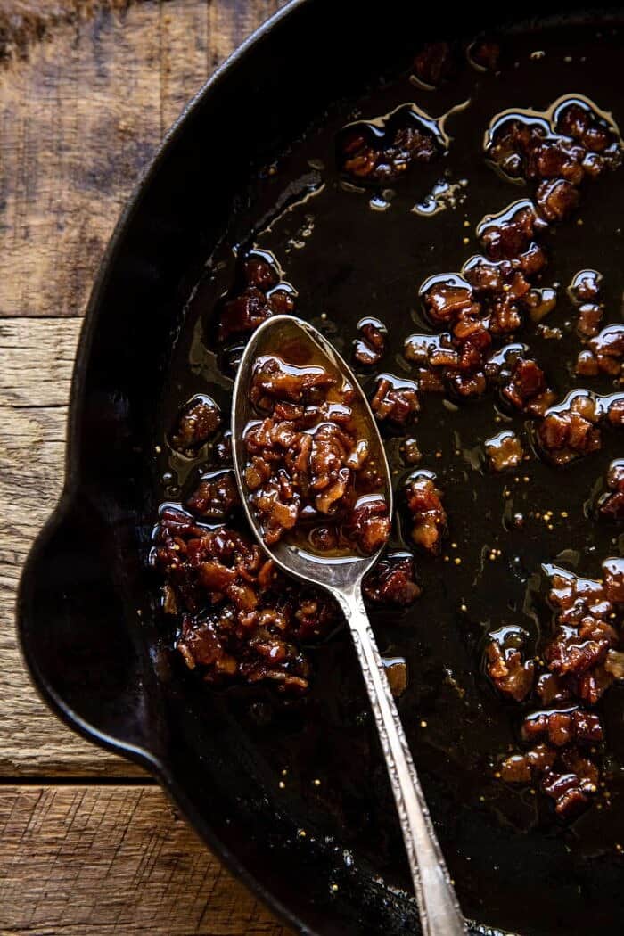 Crispy Smashed Potatoes with Bacon Vinaigrette | halfbakedharvest.com overhead photo of Bacon Vinaigrette in skillet