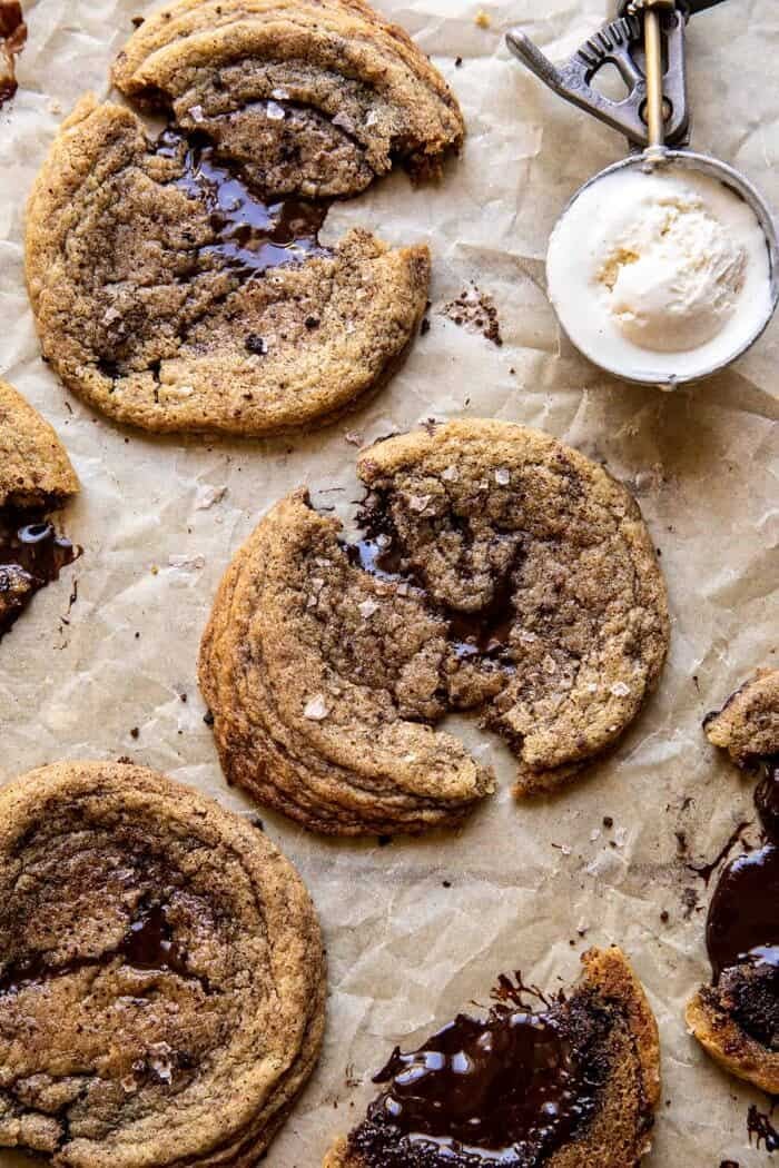 overhead photo of Giant Salted Espresso Hot Fudge Cookies