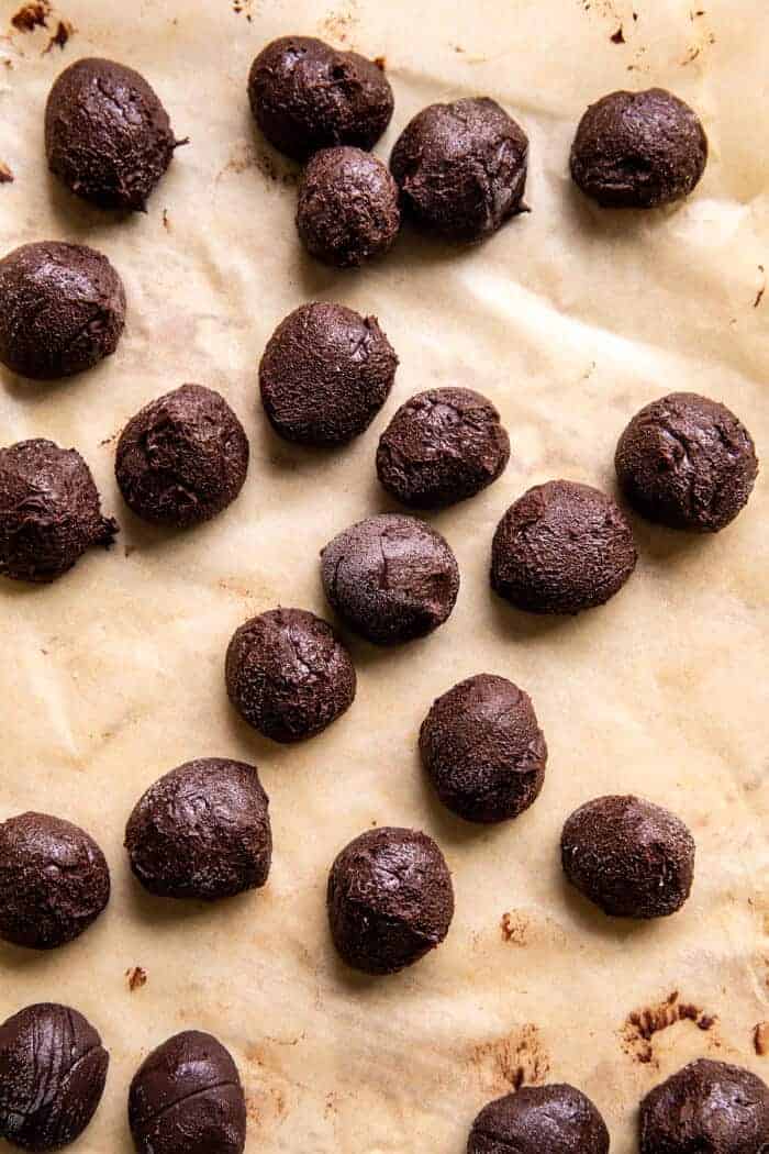 overhead prep photo of frozen fudge sauce balls