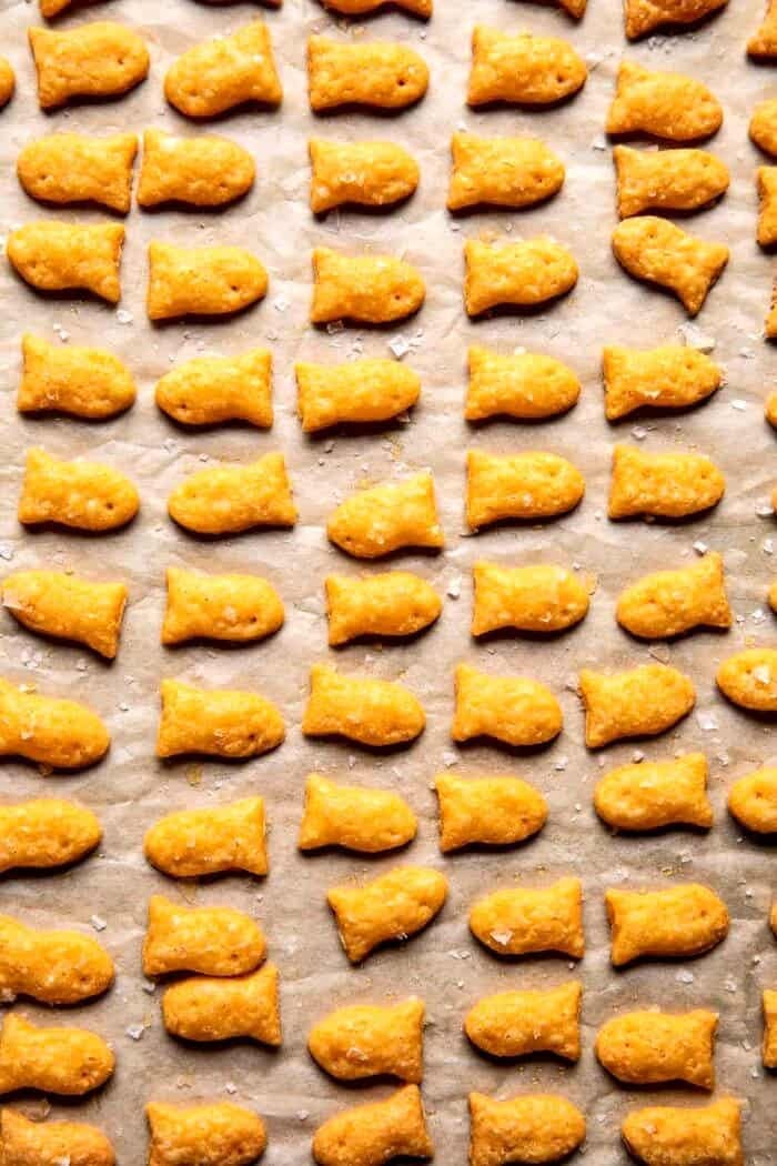 Homemade Goldfish | halfbakedharvest.com overhead photo of Homemade Goldfish after baking on baking sheet
