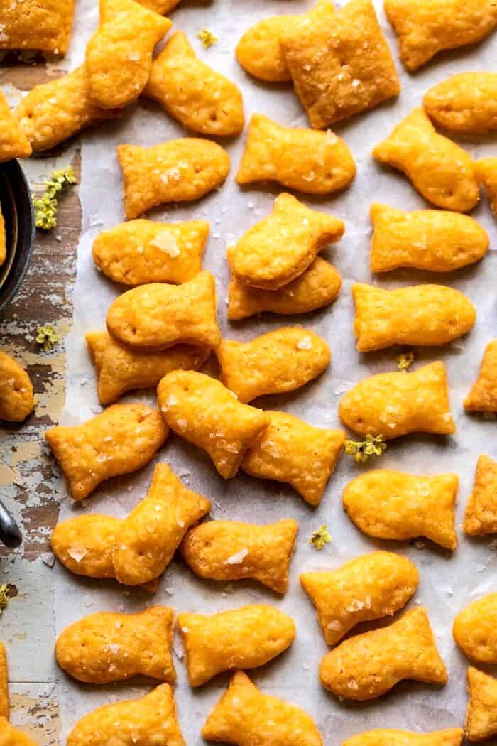 Homemade Goldfish | halfbakedharvest.com overhead close up photo of Homemade Goldfish