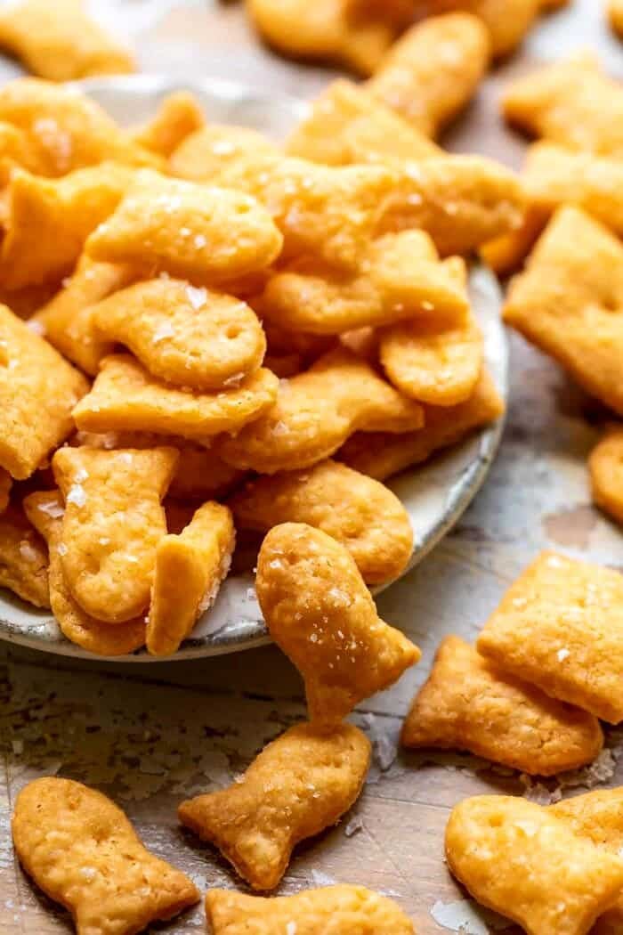 Homemade Goldfish | halfbakedharvest.com side angled photo of Homemade Goldfish