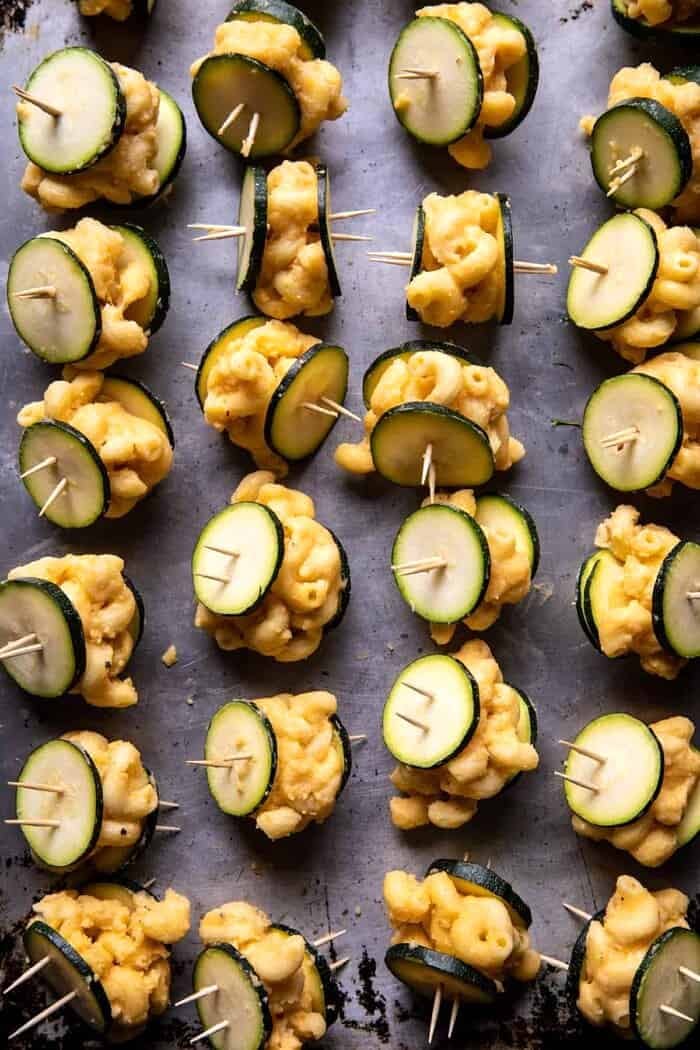 Mac and Cheese Stuffed Oven Fried Zucchini Bites before coating in breadcrumbs