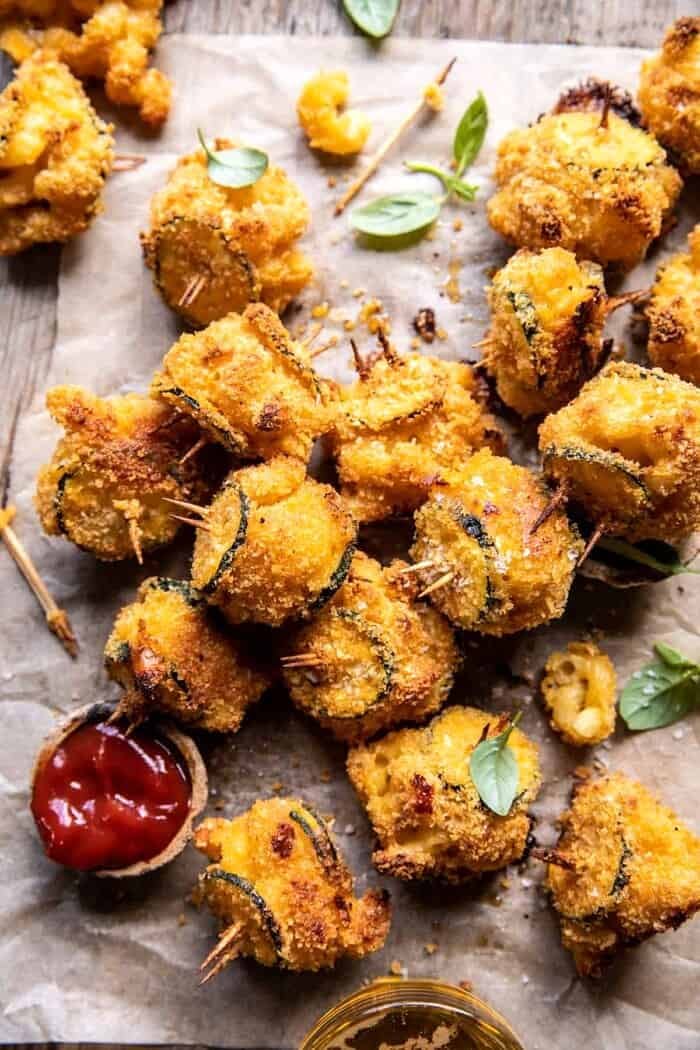 overhead photo of Mac and Cheese Stuffed Oven Fried Zucchini Bites