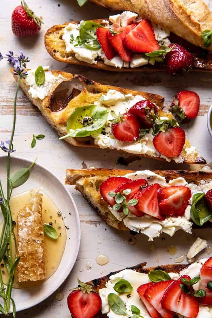 overhead close up photo of Marinated Goat Cheese Strawberry Crostini