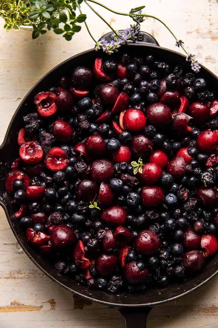 overhead photo of Skillet Blueberry Bourbon Pandowdy before adding the crust and before baking