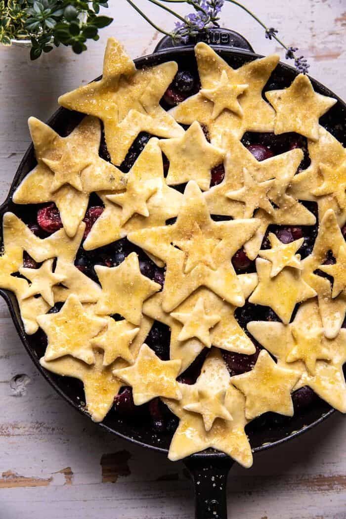 overhead photo of Skillet Blueberry Bourbon Pandowdy before baking
