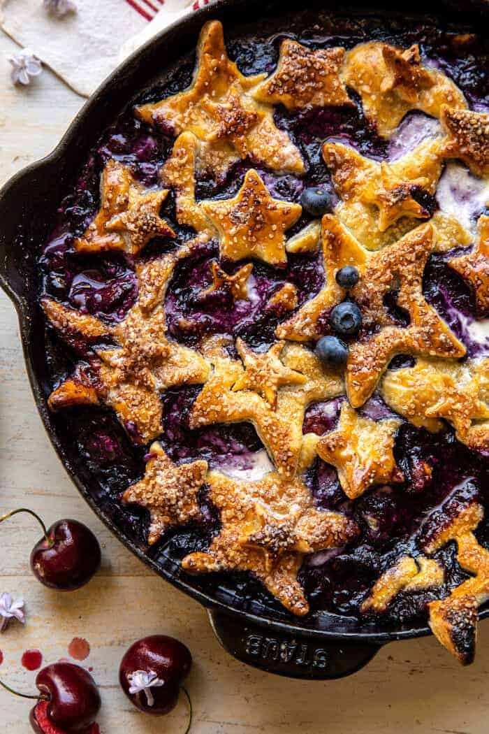 overhead close up photo of Skillet Blueberry Bourbon Pandowdy