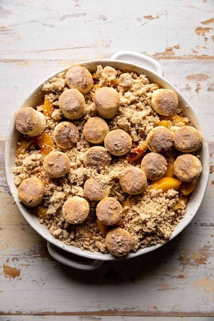 overhead photo of Southern Double Crusted Cinnamon Sugar Peach Cobbler befoew baking 