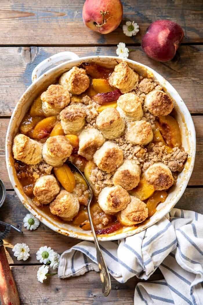 overhead photo of Southern Double Crusted Cinnamon Sugar Peach Cobbler 
