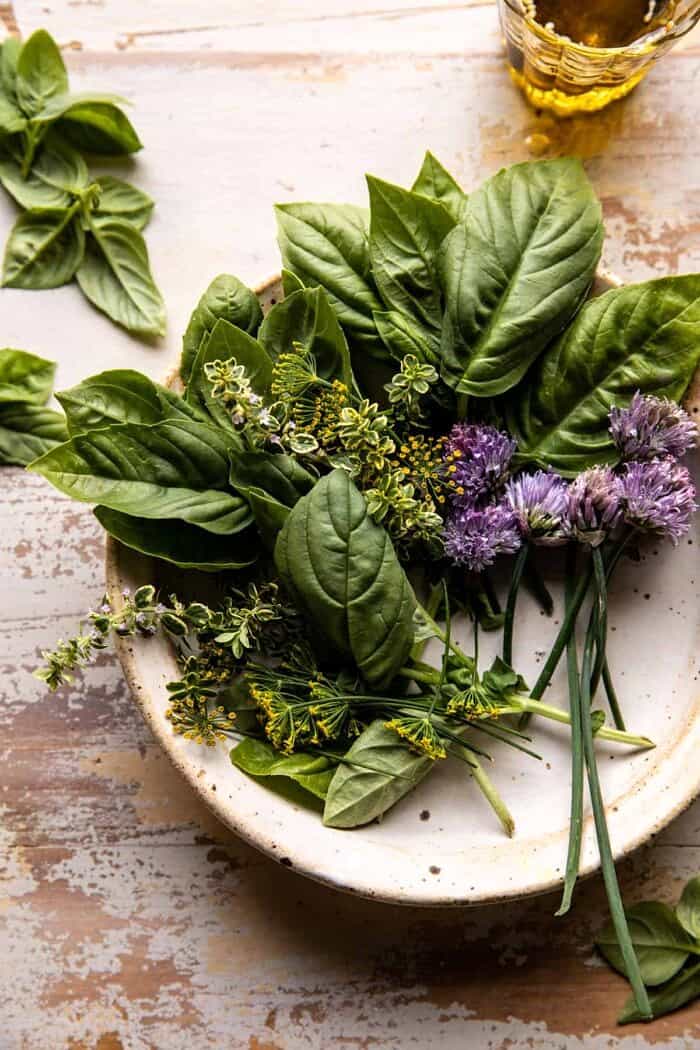 overhead photo of fresh herbs 