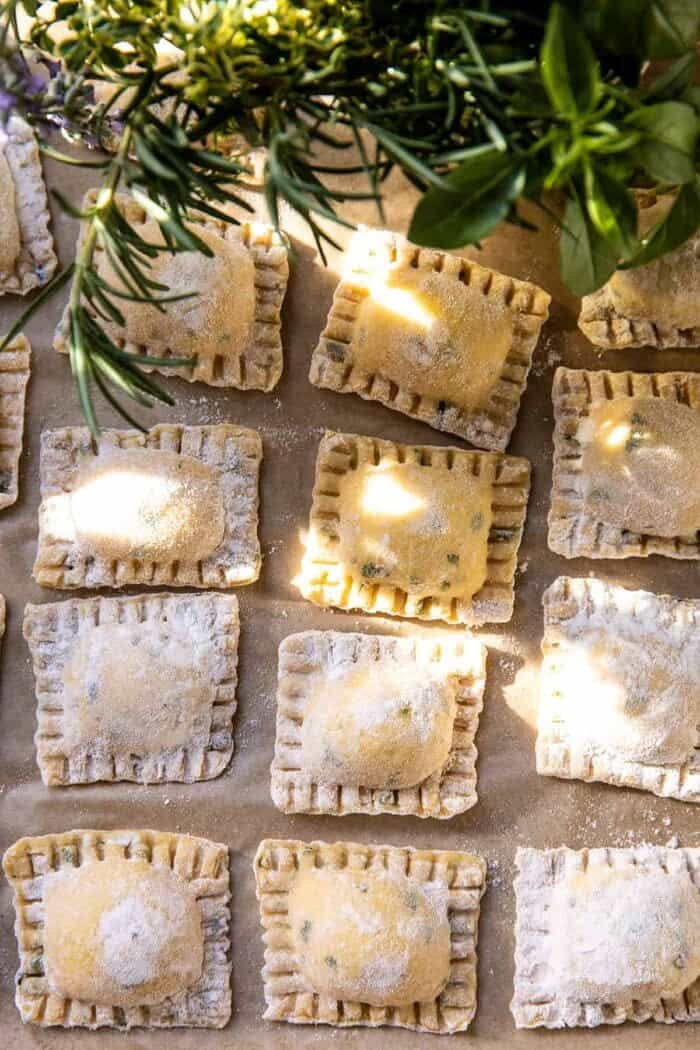 overhead photo of uncooked Cheese Ravioli before boiling 