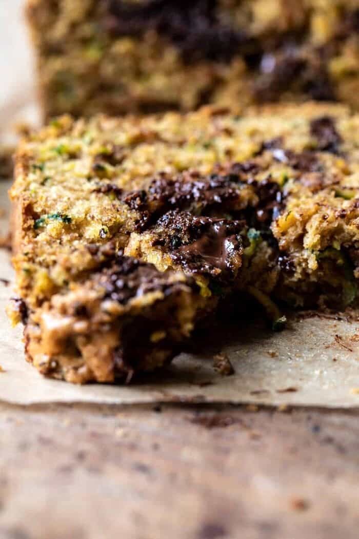 slide angle close up photo of Chocolate Chunk Almond Butter Zucchini Bread 