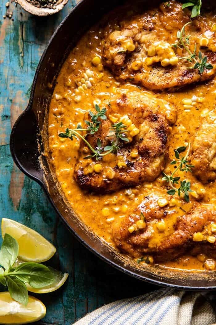 Creamy Cajun Skillet Chicken Lazone with Herby Corn | halfbakedharvest.com overhead close up photo of Creamy Cajun Skillet Chicken Lazone with Herby Corn