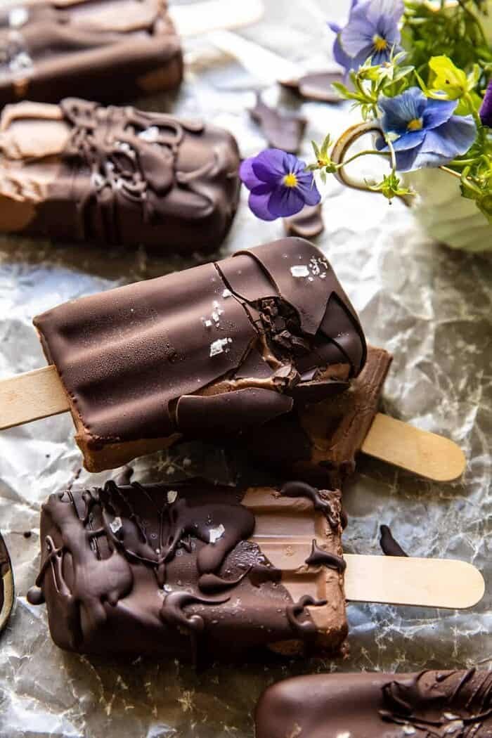 three quarters close up photo of Creamy Vegan Chocolate Fudge Pops 
